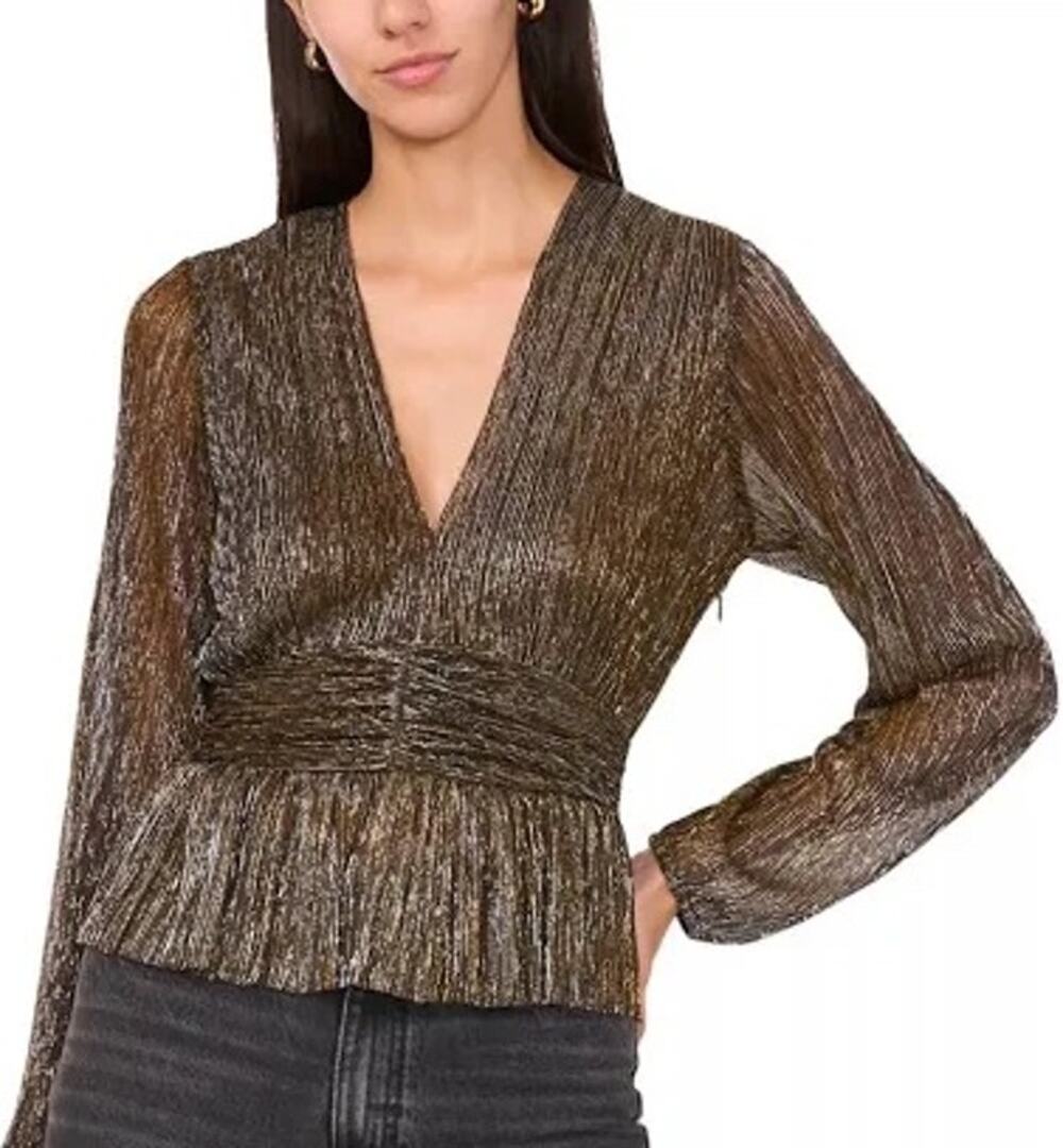 Parker Olivia Metallic Stripe V-Neck Peplum Top Shimmer Blouse Medium M